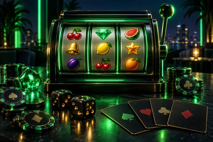 Lacivert ve yeşil ışıklar altında slot makinesi ve casino fişleri