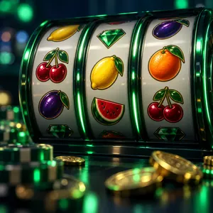 Yeşil ışıklı bir slot makinesinin makaraları